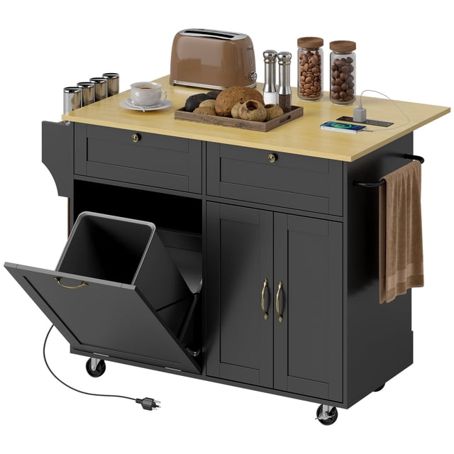 CoSoTower Kitchen Island Cart with Charging Station and Drop Leaf, Kitchen Island Table on Wheels with Trash Can Cabinet, Black