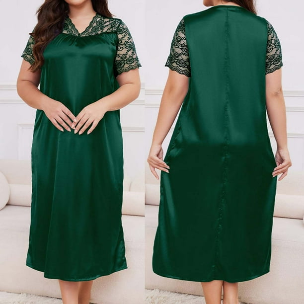 Camisón largo de seda helada para mujer, ropa de dormir holgada, informal, de color liso, con manga corta y costuras de encaje, de poliéster