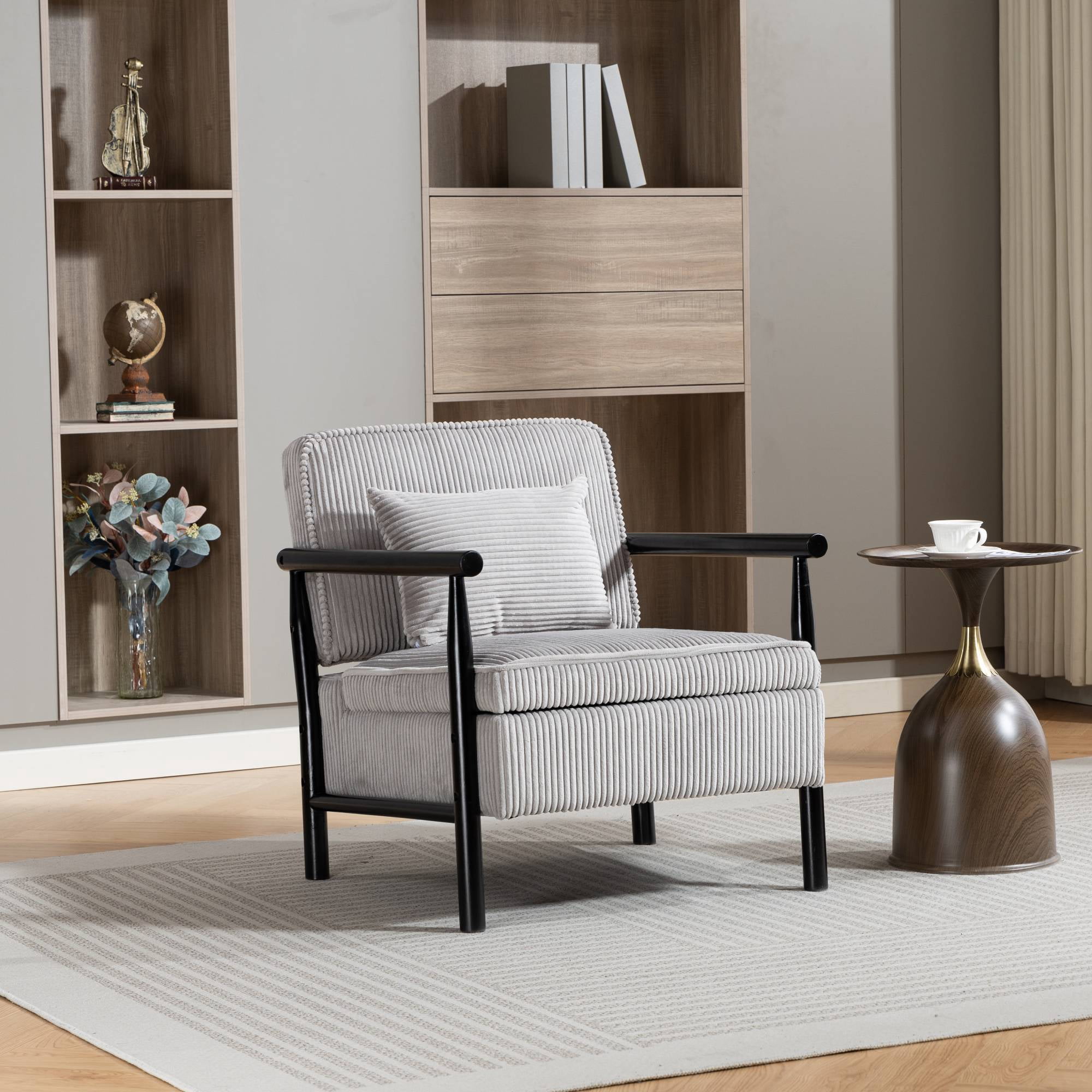 Mid-Century Accent Chair with Storage, Modern Comfy Reading Armchair with Lumbar Pillow for Living Room, Grey