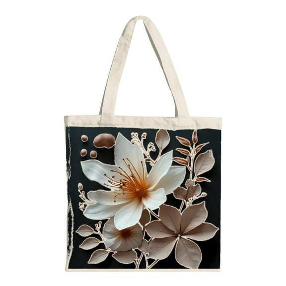 Floral Canvas Tote Bag - Large White Flowers & Brown Leaves on Dark Background Multifunctional Reusable Shopping Bag for Parties Travel & Shopping