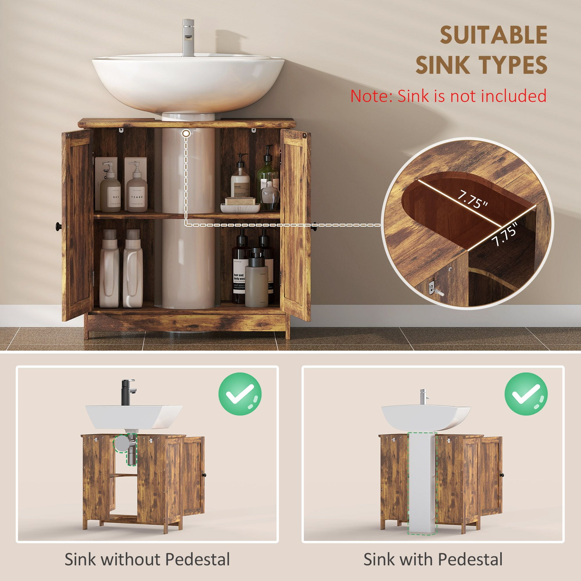 Bathroom Vanity Cabinet, Under Sink Organizer with Doors, Adjustable Shelf, Rustic Brown - Space Saving Bathroom Storage