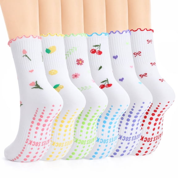 Bocaoying 6 Pairs Pilates Crew Socks for Women, Cute Ruffle Socks with Grip, Non Slip Sticky Workout Dance Sock for Yoga Barre