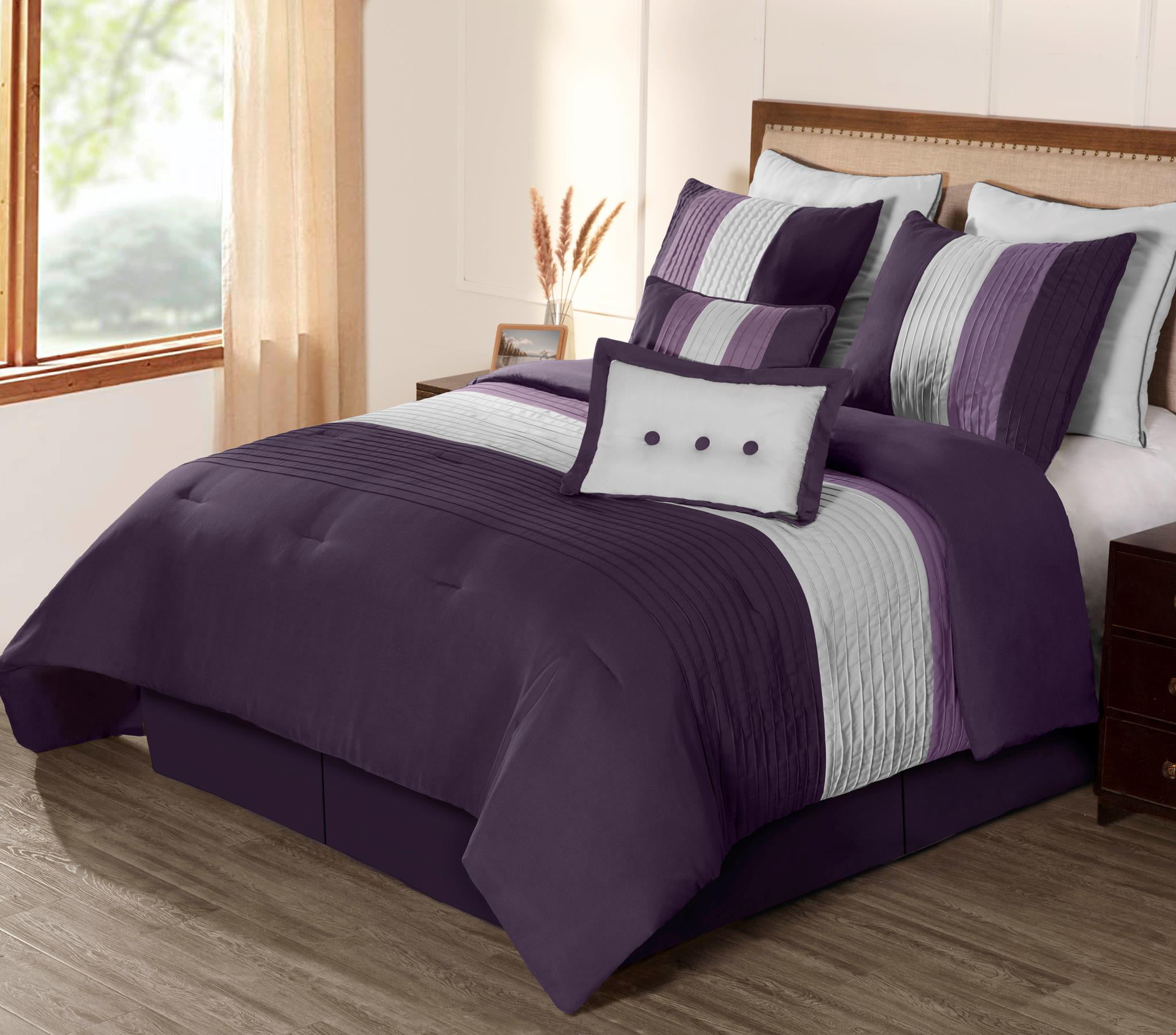 8-Piece Luxury Pintuck Pleated Stripe Yellow/Gray/Paloma Gray Comforter Set 