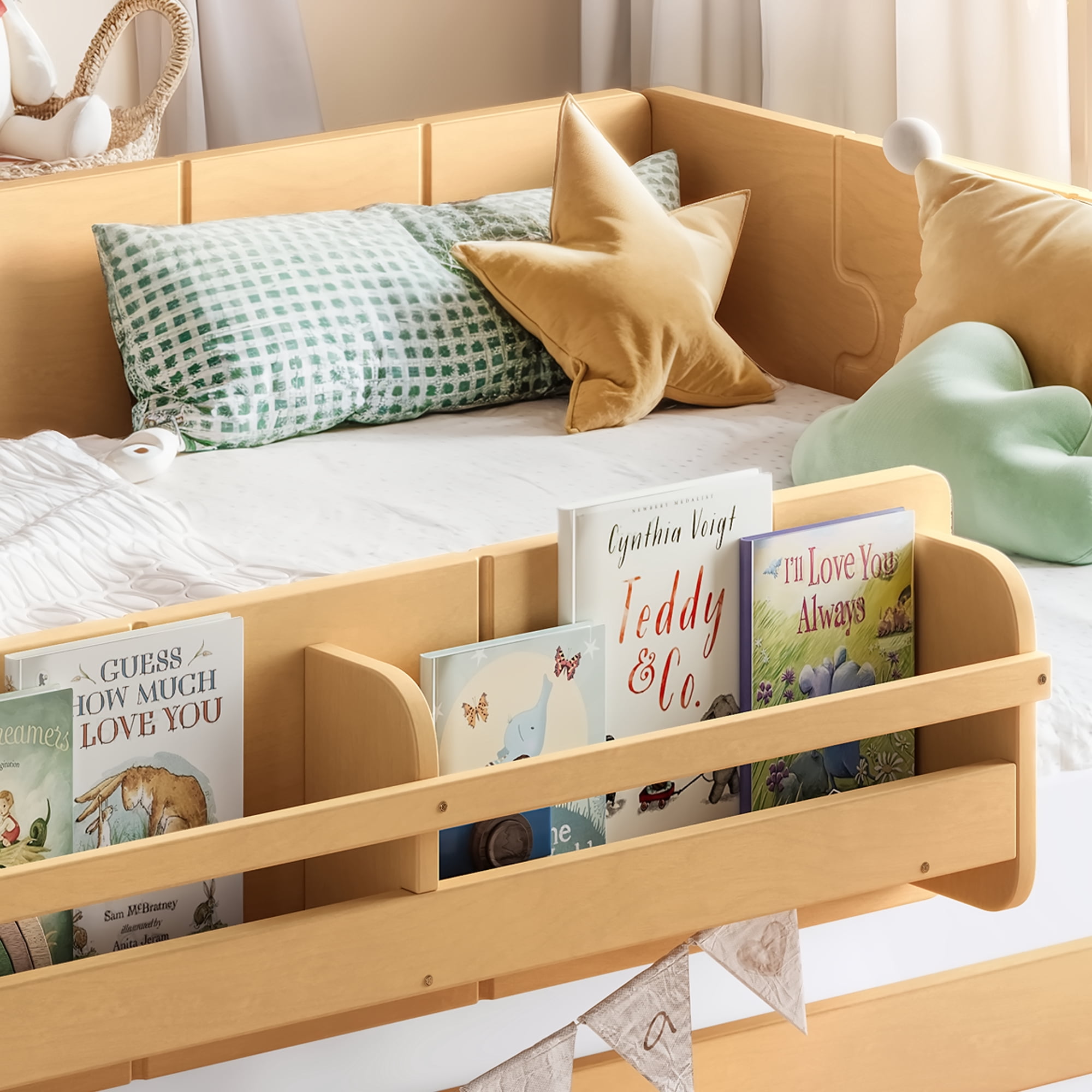 Mintazer Twin Size Montessori Floor Bed Frame, Kids Puzzle Block Design Platform Bed with Guardrails & Bookshelf for Bedroom, Natural & Beige