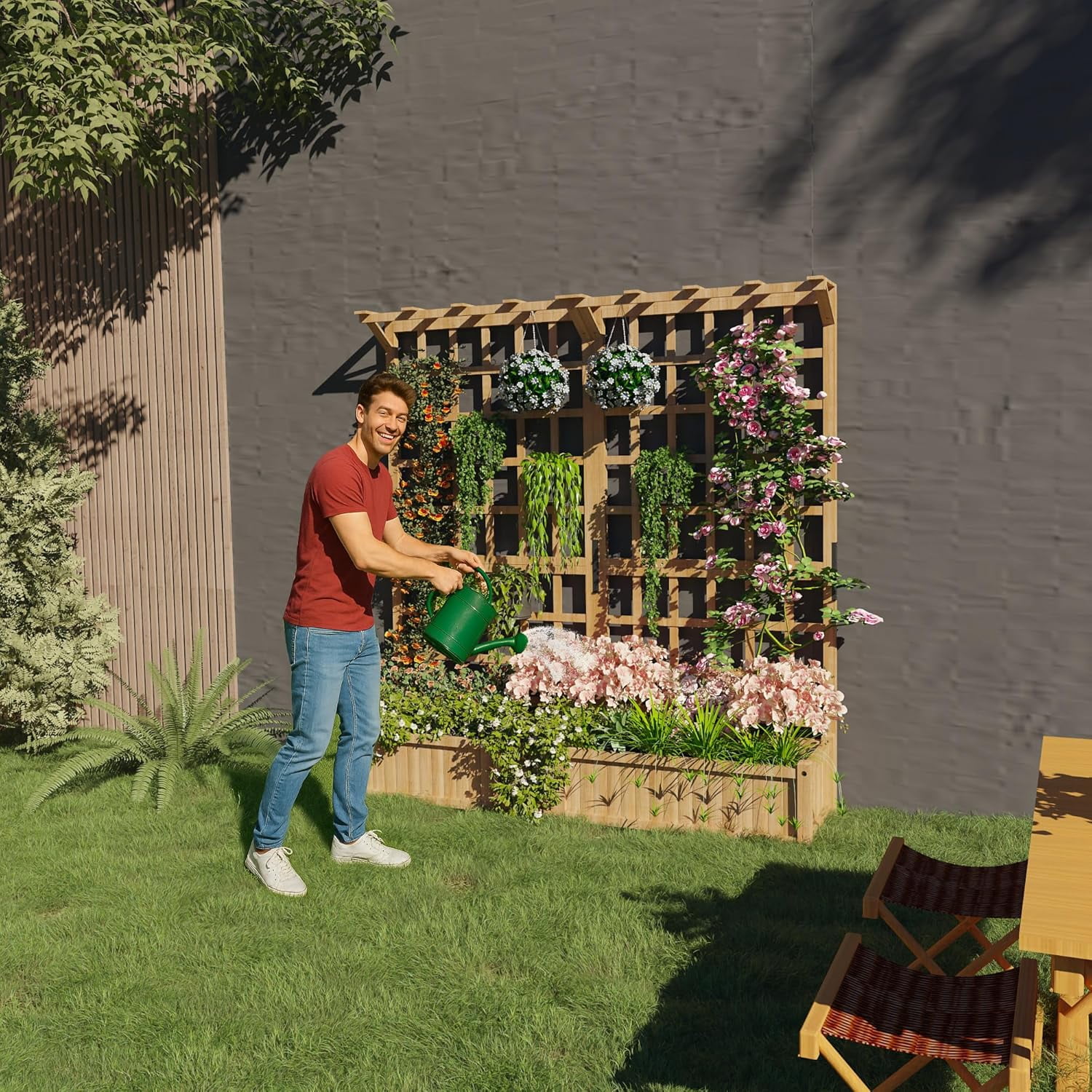2-Tier Wooden Planter Box with Trellis for Outdoor Gardens, Elevated Raised Bed for Flowers and Vegetables, 1.4Ft Deep Planter with Hanging Roof & Drainage Holes