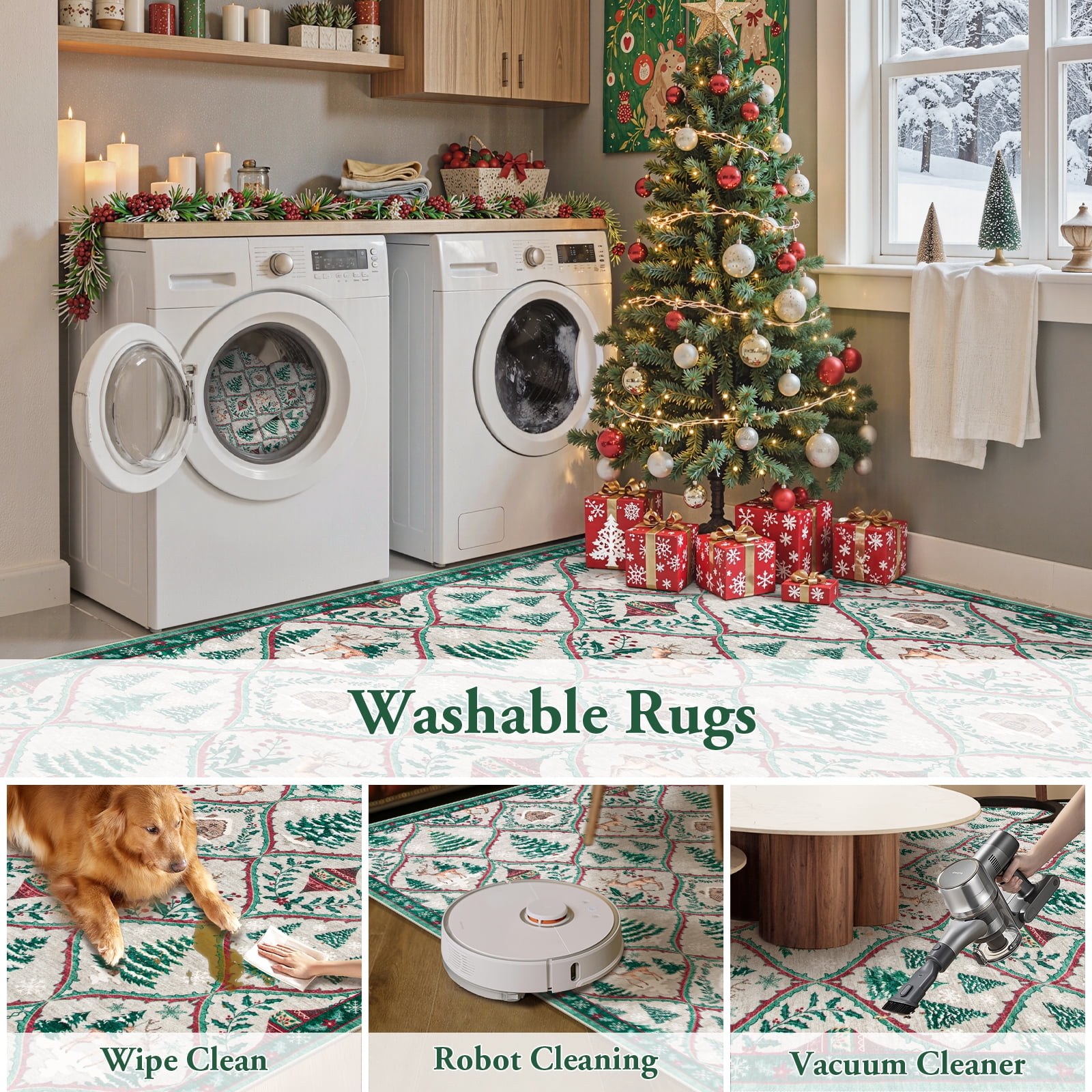 Moynesa 8'x10' Christmas Area Rug for Living Room,Cream Large Rug Xmas Tree Modern Rug Kitchen Rug Washable Rug Non Slip Moroccan Carpet Holiday Decor Soft Accent Rug for Bedroom Dining Room