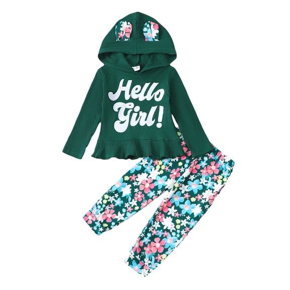 12 Months Baby Girls Outfits 18 Months Girls Fall Winter Pant Sets Toddler Girls Long Sleeve Letter Print Hooded Top Floral Pants 2PCS Set Green