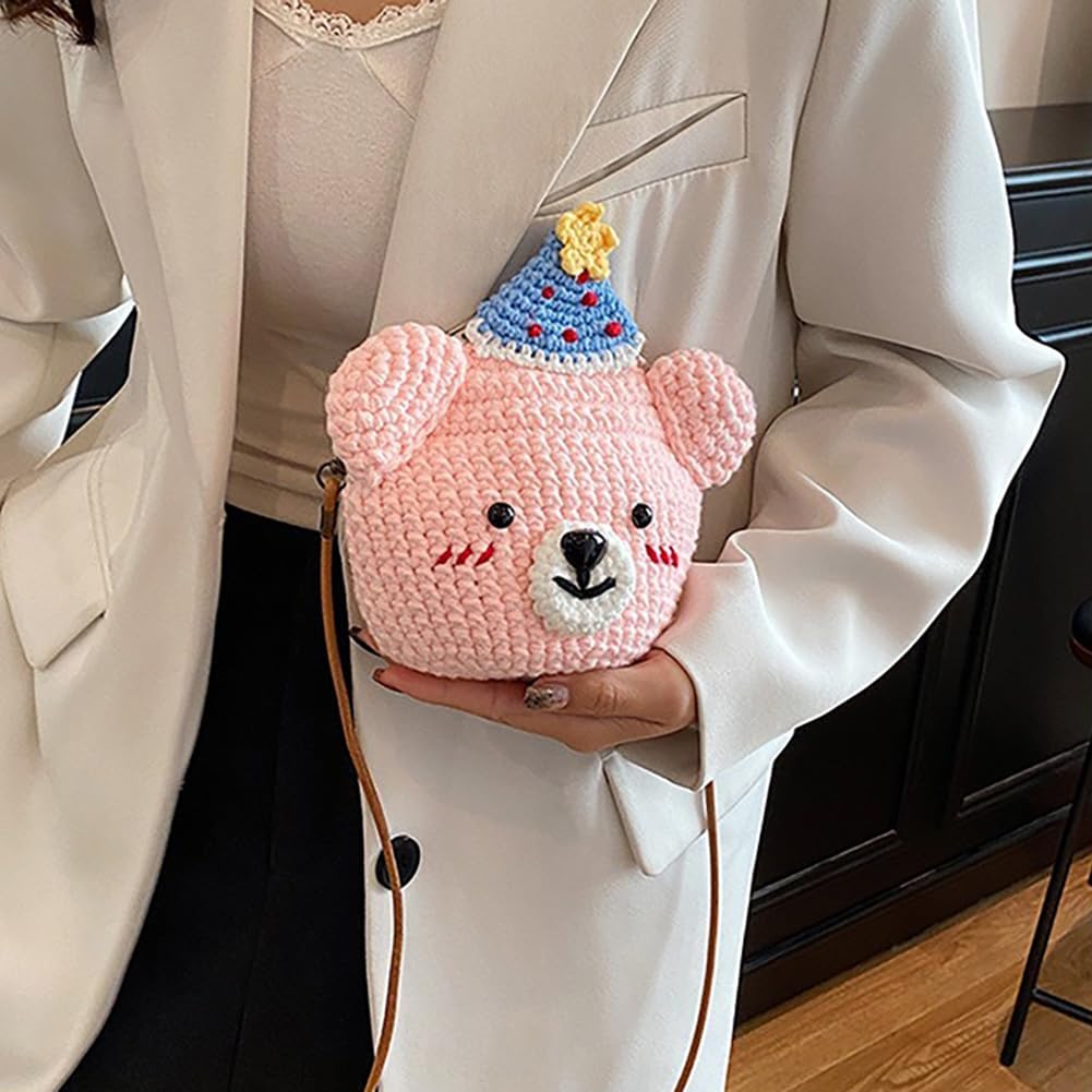 Baguery Handmade Crochet Party Hat Bear Crossbody Bag - Cute Knitted Animal Purse with Metal Frame, Mini Shoulder Bag for Women