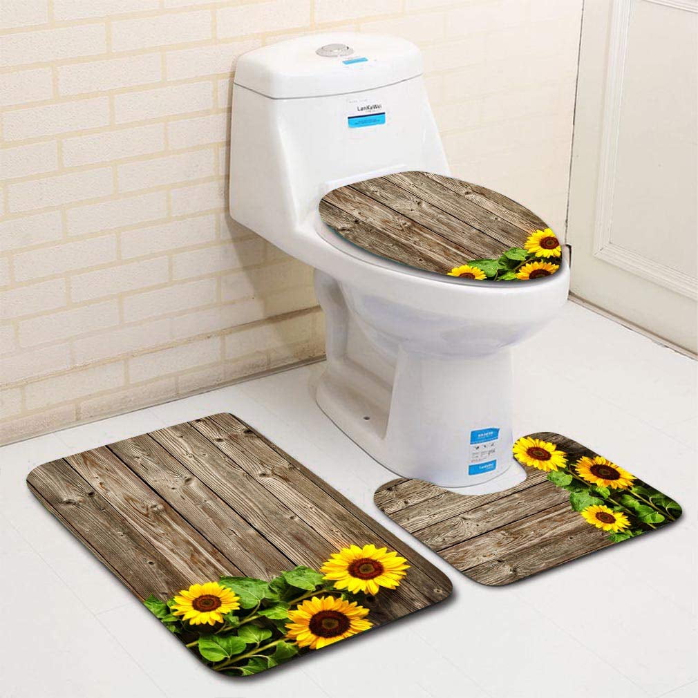 Plant ＆ Flower Printing 3 Sets Bath Mat Toilet Seat Cover Flannel Floor Carpet 