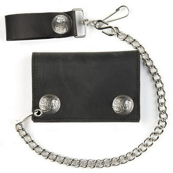 Men's Buffalo Nickel Snap Black Leather Chain Wallet - Tri-Fold