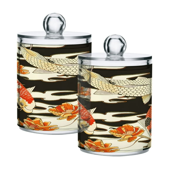 2 Pack Qtip Holder Dispenser Asian Goldfish Clear Plastic Storage Apothecary Jars for Cotton Swabs Balls Pads Floss