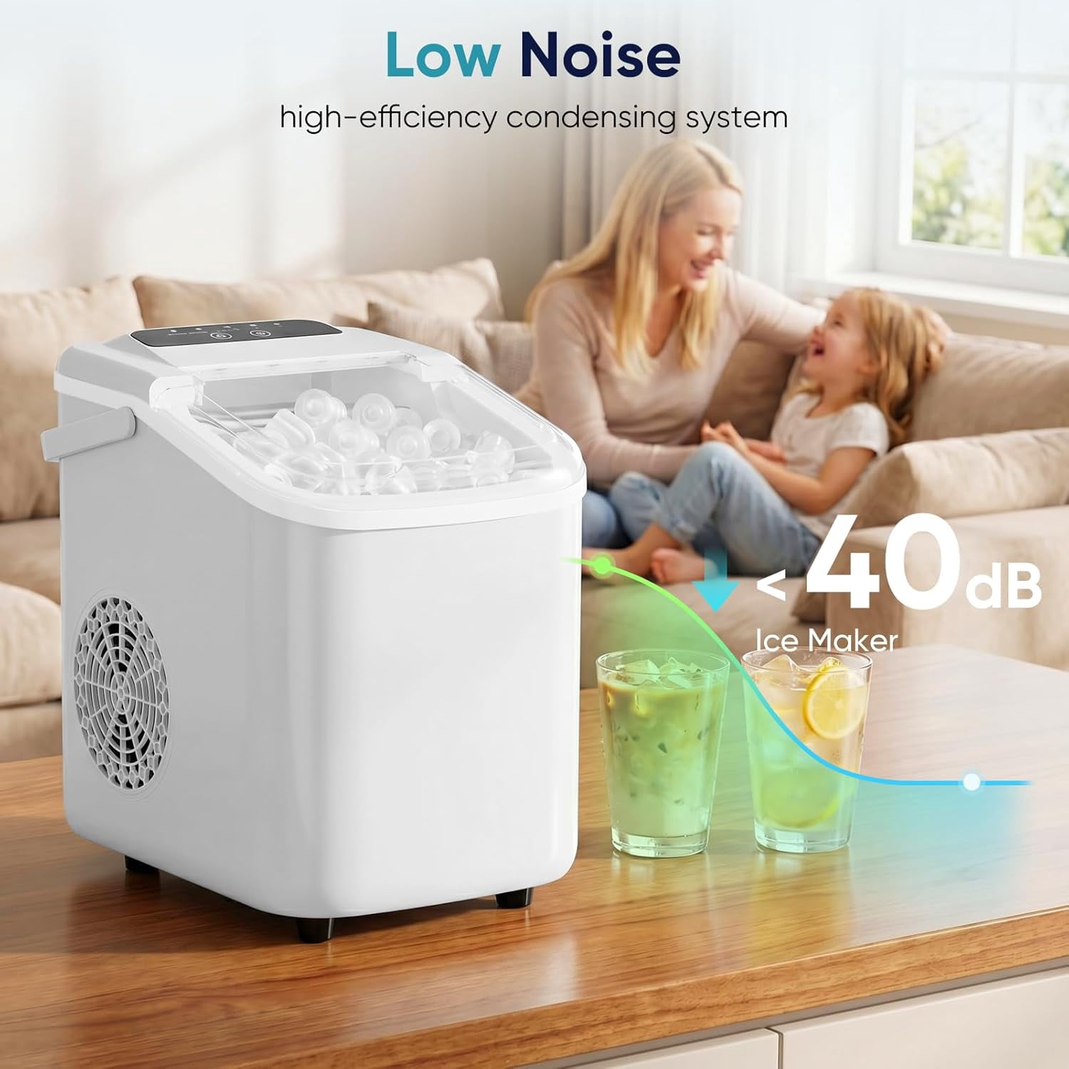 Ice Maker, Countertop Ice Machine with Handle, 9 Bullet Cubes in 6~8 Mins, 26lbs Daily, Self-Cleaning with Basket and Scoop for Home/Kitchen/Camping/RV