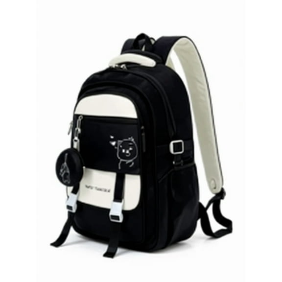 Multi-Pocket Cute Cartoon Design Travel Backpack with Decorative Keychain, Black, Brown, Light Purple, Light Green, and Red, 48×33 cm