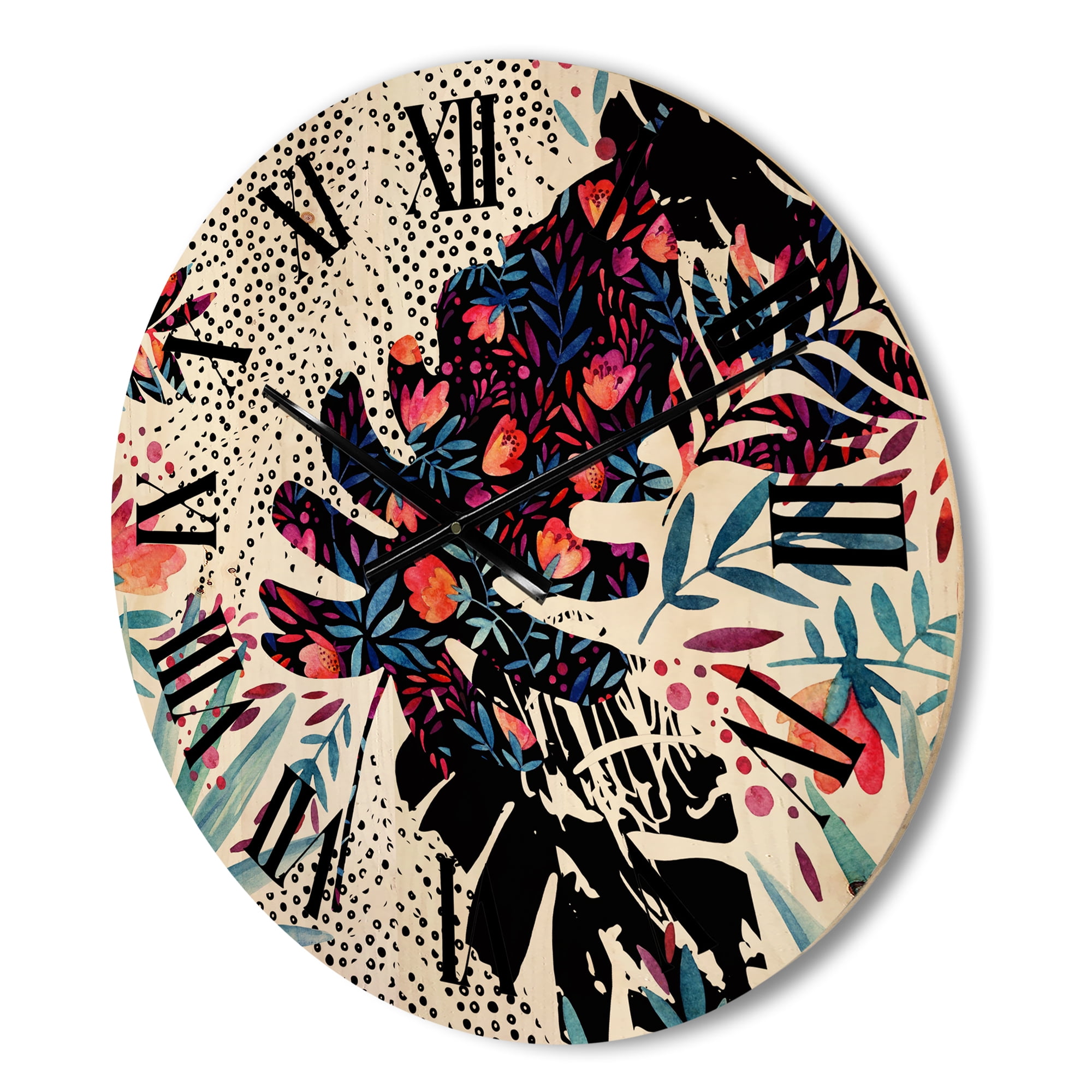 Designart 'Abstract Tropical Floral Patchwork I' Tropical Wood Wall Clock