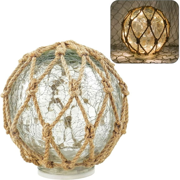 Glass Fishing Float Nautical Lamp Coastal Beach Decor 6" Cracked Glass Ball Night Light Battery Powered