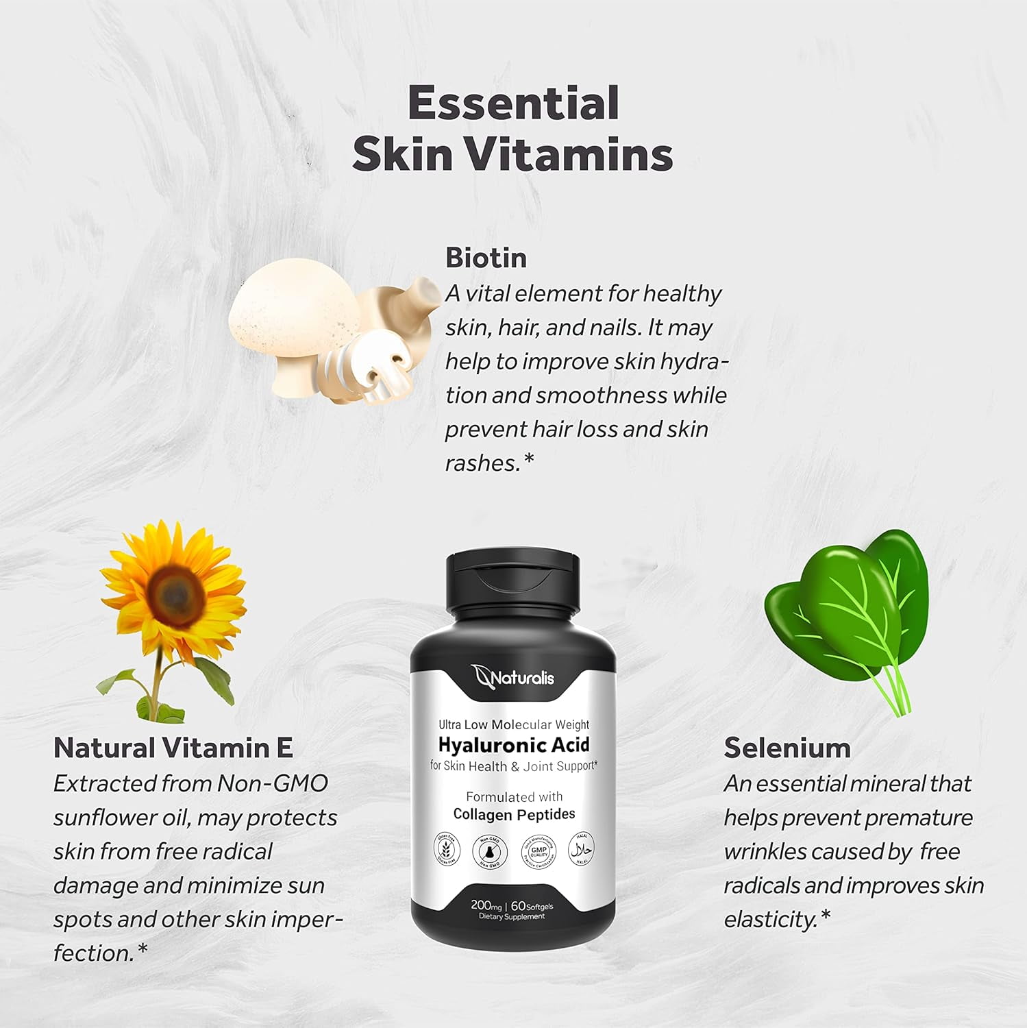 Naturalis Hyaluronic Acid 200mg, 10x Better Absorption Ultra Low Molecular Weight with Collagen, Biotin, Selenium & Vitamin E | Hair, Skin, Nails & Joint Supplements | 120 Softgels