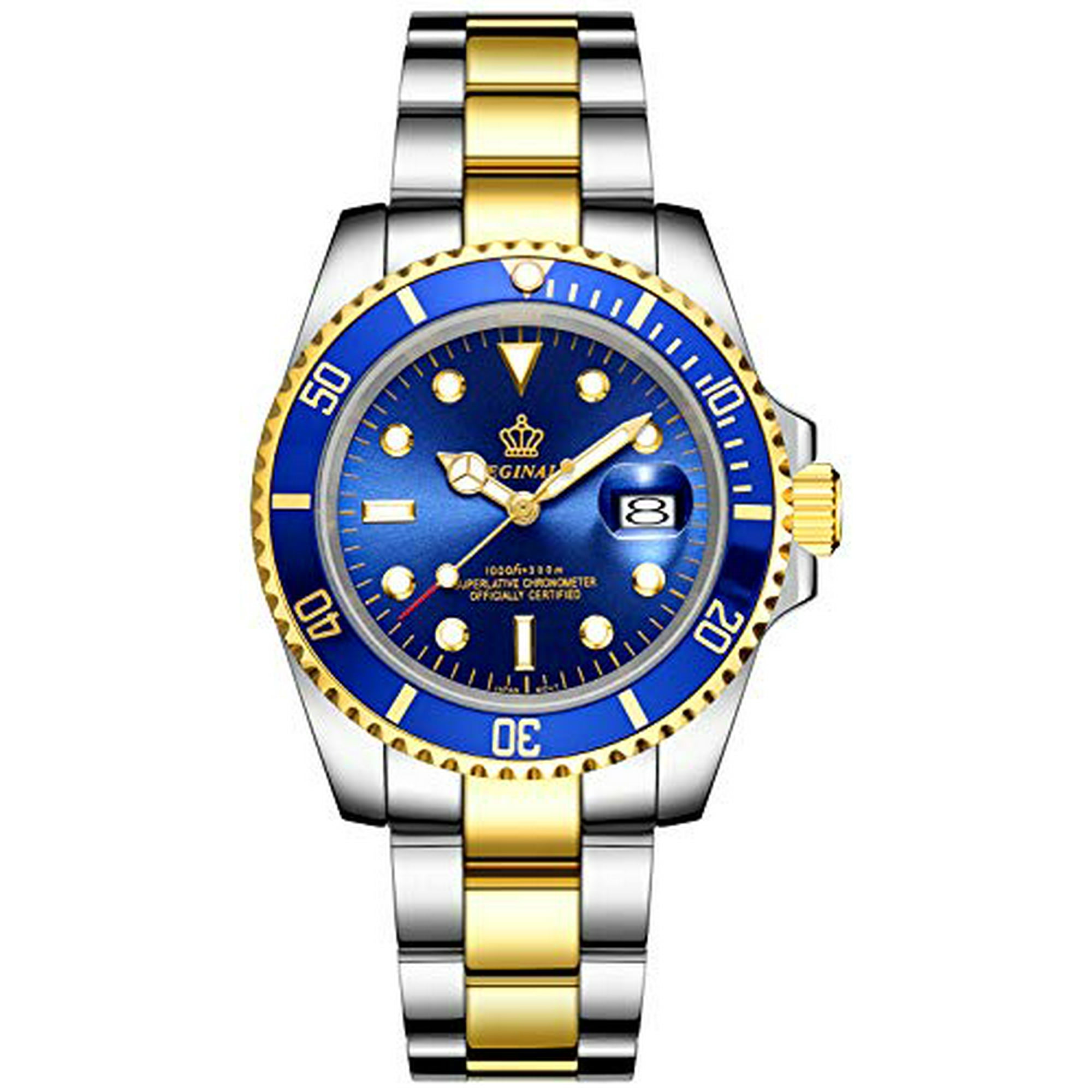 Fanmis Mens Luxury Watches Ceramic Bezel Mineral Glass Luminous Quartz Silver Gold Two Tone Stainless Steel Watch Gold Blue