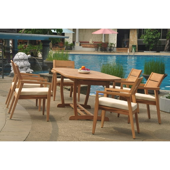 Grade-A Teak Dining Set: 6 Seater 7 Pc: 94" Mas Oval Trestle Leg Table And 6 Vellore Stacking Arm Chairs Outdoor Patio WholesaleTeak #WMDSWVm