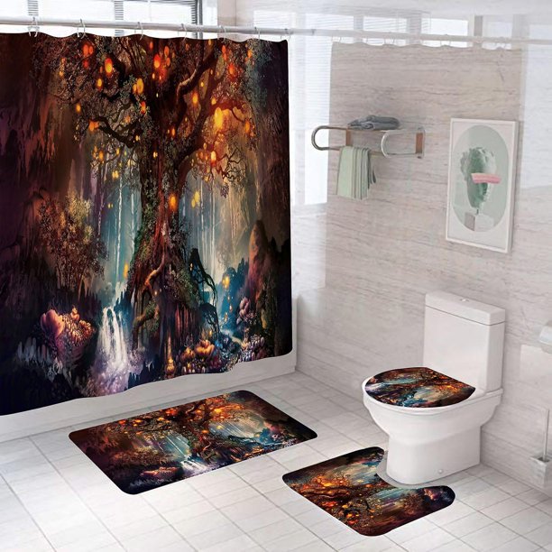 Juego de cortinas de ducha de Halloween para baño, 4 piezas de juegos de baño de Halloween con alfombras antideslizantes, tapa de inodoro, tapete de baño, cortina de ducha (árbol de la vida),