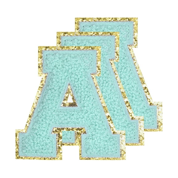 Uxcell Chenille Letters A Patches Large Size 80mm/3.15 Inch A Patches Golden Glitter for Clothing, Pack of 3(Blue)