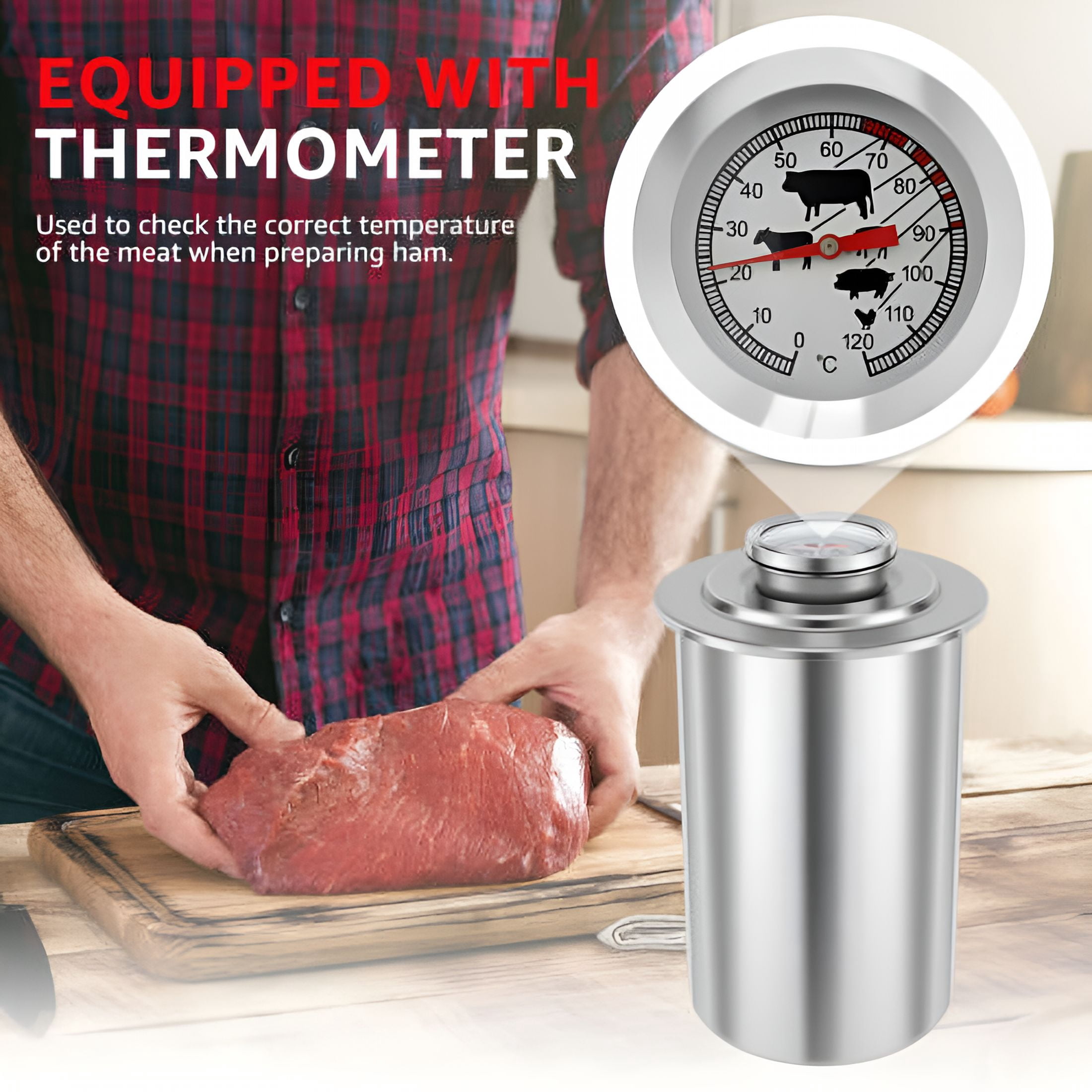 ACDANC Ham Maker Stainless Steel Meat Press Cooker Large Capacity Ham Press Maker Round Shape Deli Meat Press Mold Homemade Deli Meat Ham Press Cooker with Thermometer for Meat Pork Poultry