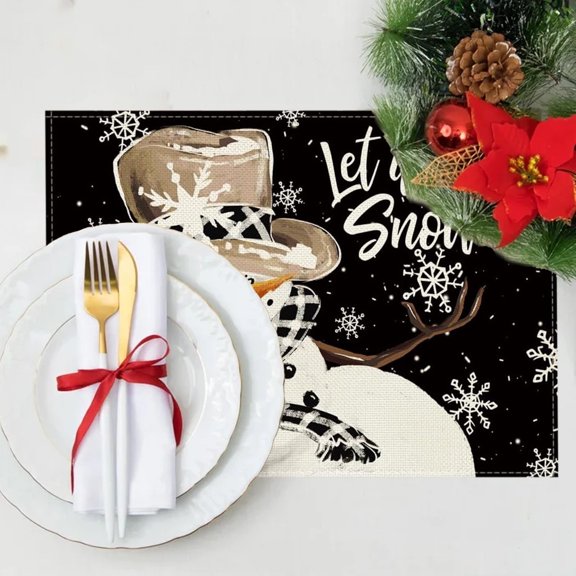 YUTK Snowman Let It Snow Winter Placemats 12X18 inch Christmas Holiday Table Mats for Party Kitchen Dining Room Decoration Black,Free Size