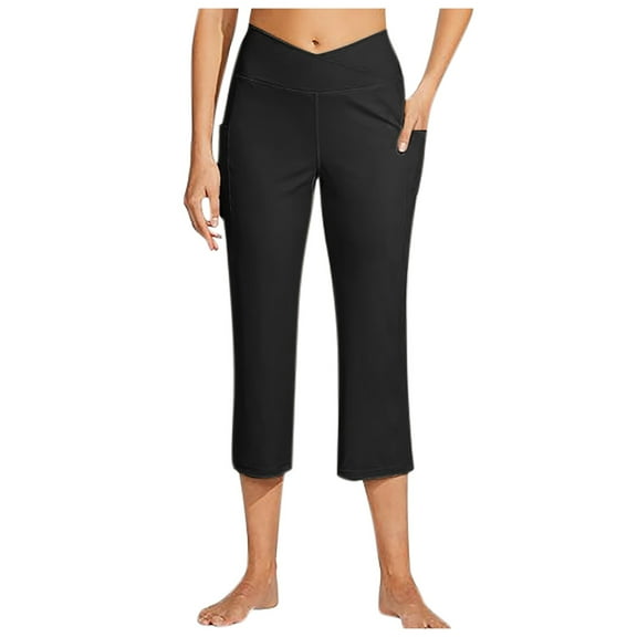 PMVFHDE Women High Waist Straight Leg Yoga Pants For Women Athletic Workout Crop Leggings 21 Inch Black,L