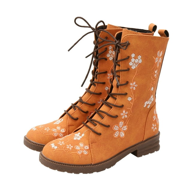 Leozcaa Womens Round Toe Military Lace Up Embroidered Flower Ankle Cuff Low Heel Short Combat Boots