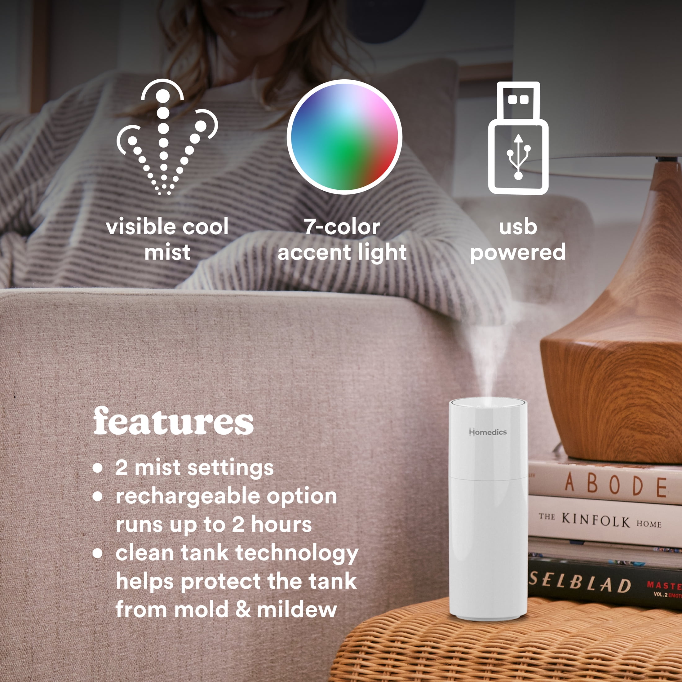Homedics Portable Ultrasonic Humidifier, 7.7-Ounce, White