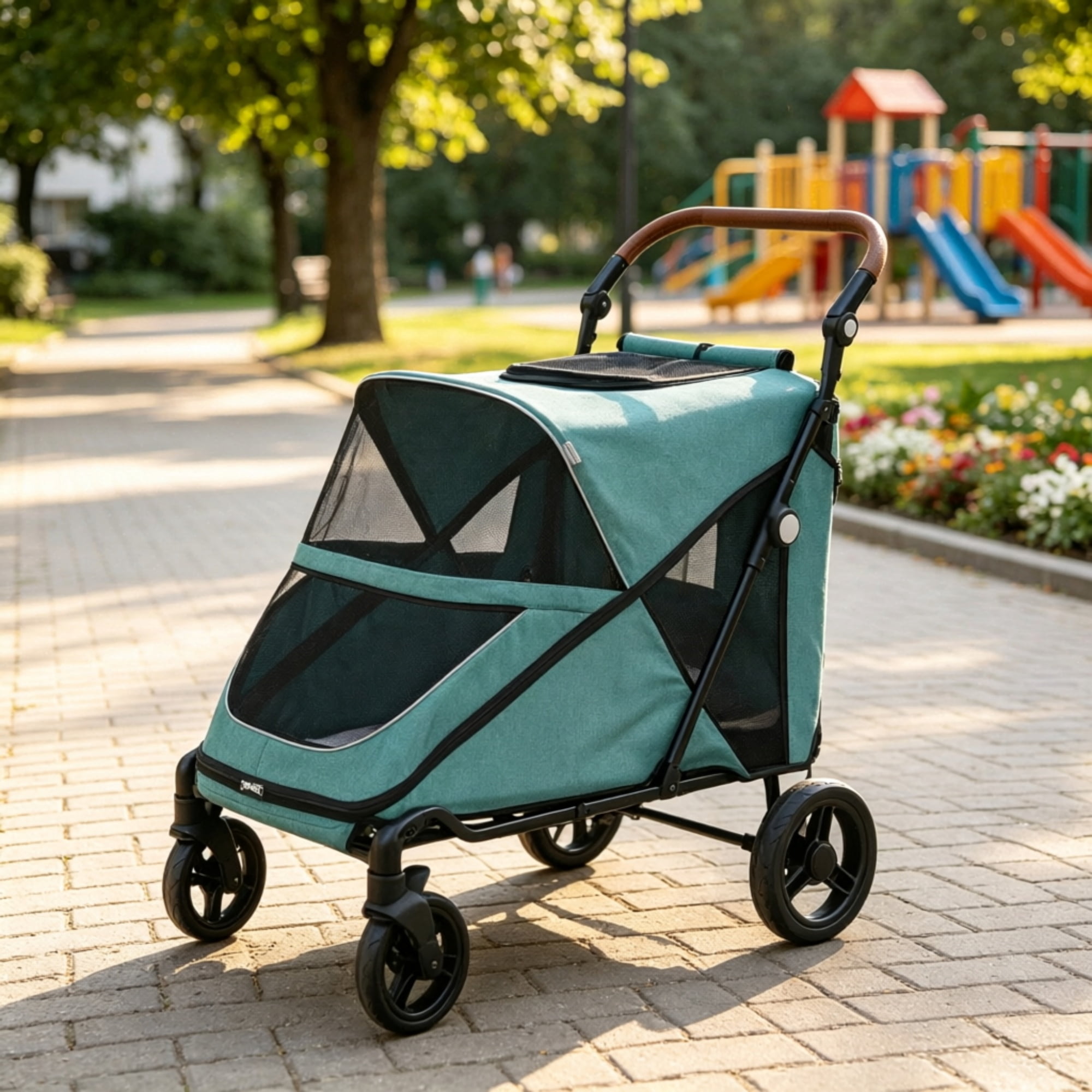 66 LBS Capacity Teal Pet Stroller for Large Dogs, All-Terrain Spring Suspension, 8-Position Adjustable Handle