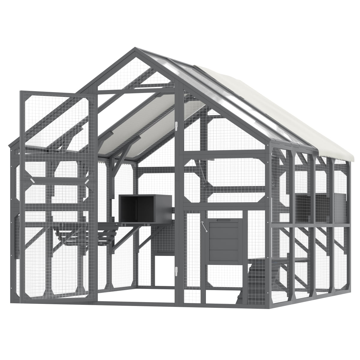 LuckyNote Large Catio Outdoor Cat Enclosure, Wooden Cat House with 7 Platforms, 2 Resting Boxes, Bridge & Ramp, Walk-in Kitty Cage with Sunshine Roof, Gray