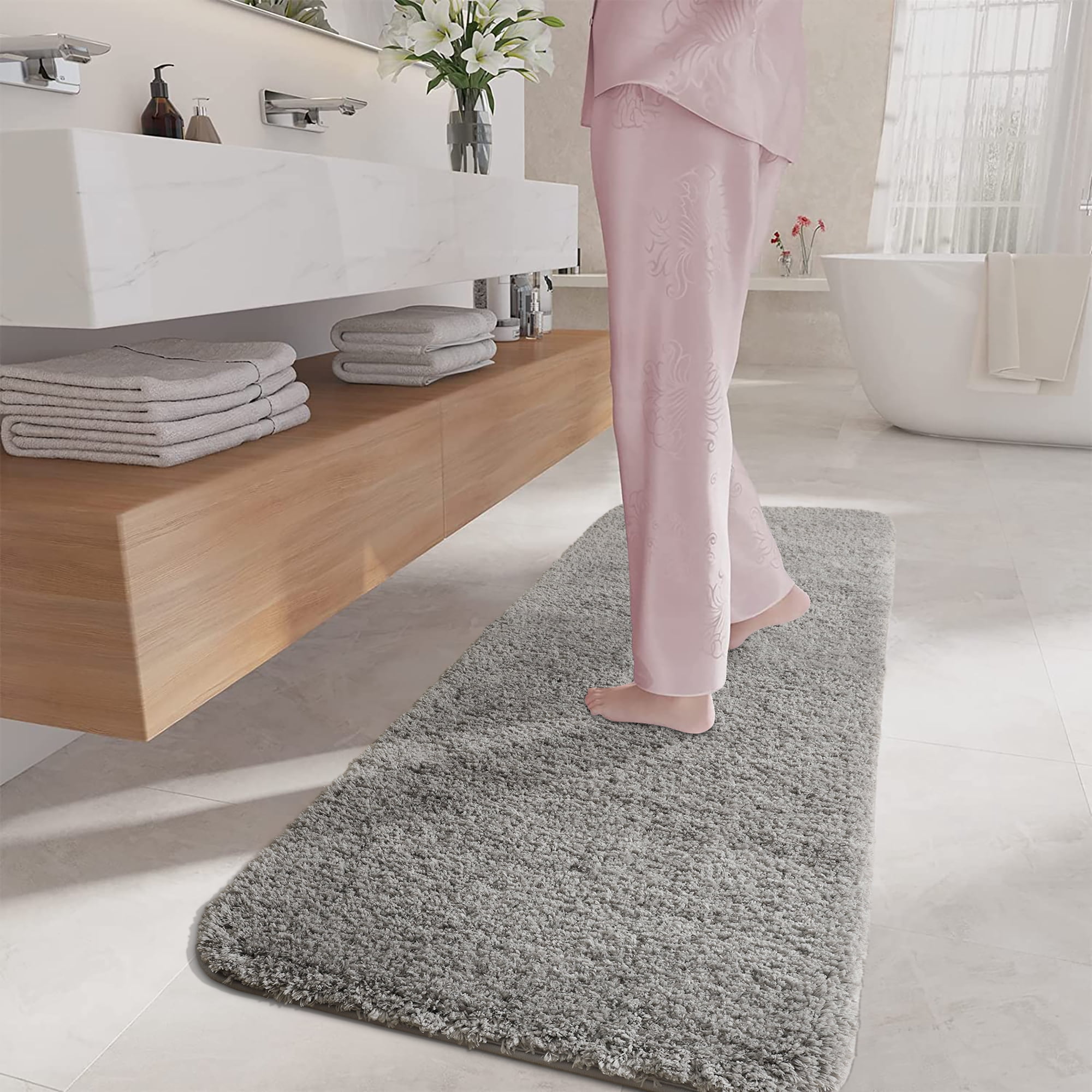 Softlife Machine Washable Microfiber Bathroom Mat Non Slip Bath Mat for Bathroom Soft Absorbent Shaggy Bath Rugs,71"x24",Gray