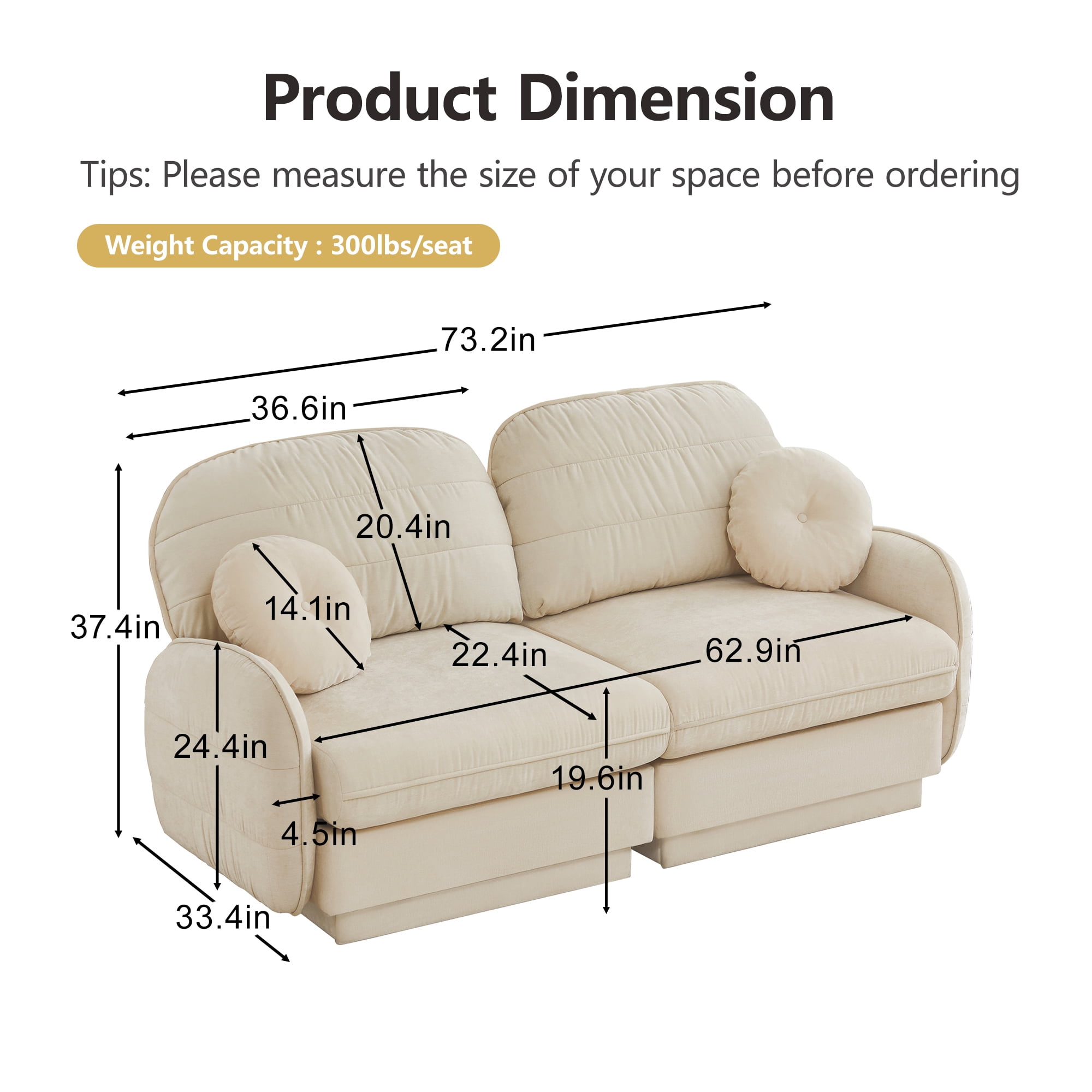 Chenille Modular Sofa, 2-Seater Deep Seat Cloud Couch, Upholstered Sofa with Round Pillows, Quilted Back Cushions & Recessed Base, Modern Sofa for Living Room, Apartment,Bgige