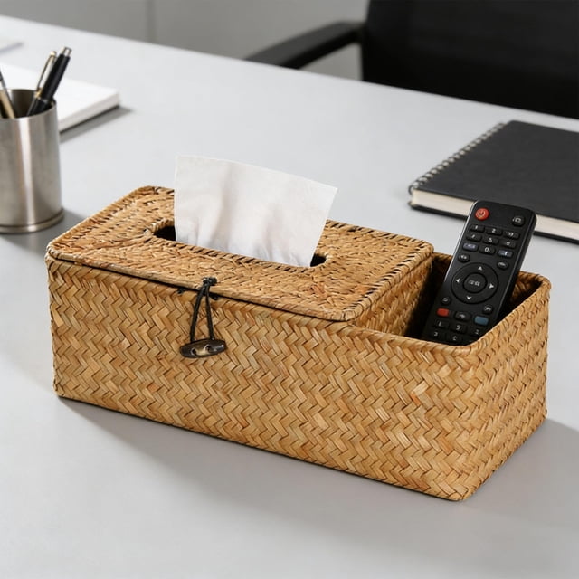 Straw Woven Tissue Box with Remote Control Storage, Decorative Wooden Storage Organizer for Living Room Coffee Table, Dustproof and Eco-Friendly