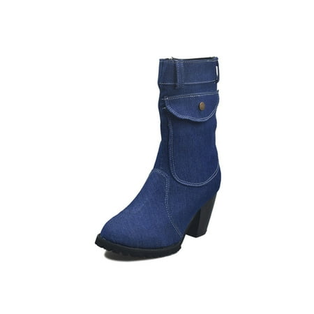 

UKAP Womens Breathable Block Heel Boots Party Fashion Mid-Calf Boot Chunky Navy Blue 8