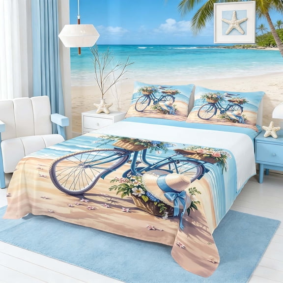 Manfei Oil Painting Beach Bicycle Queen Sheet Sets for Kids Boys and Girls, Coastal Vacation Print Bed Set 4pcs, 1 Flat Sheet, 1 Fitted Sheet and 2 Pillowcases