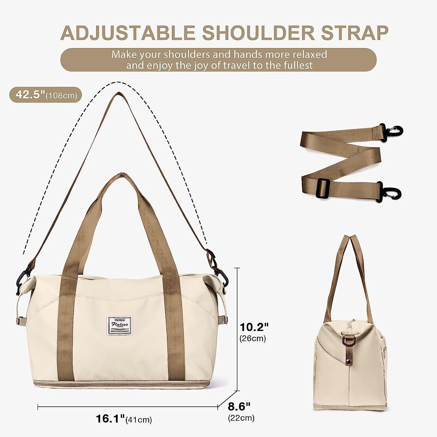 Travel Bag, Waterproof Duffel Gym Tote Bag, Weekender Carry On Overnight Bags for Women Men Approved Personal Item Bag for Airlines with Trolley Sleeve, Travel Duffel Bags, Beige Brown