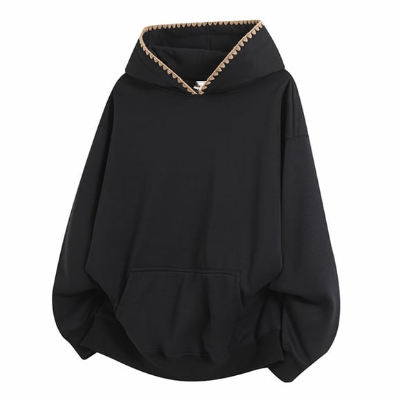 XIAOCHA Womens Hoodies Loose Fit Long Sleeve Scalloped Trim Hooded Sweatshirt Solid Color Oversized Kangaroo Pocket Streetwear Top Black