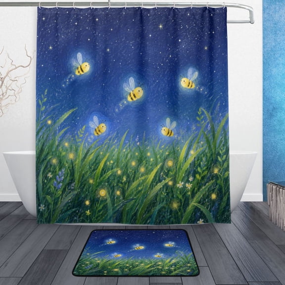 TTYFWHD 60" x 72" Shower Curtain and Bath Mat Set Night Meadow Bee Print Waterproof Bathroom Curtain with 12 Hooks, Bathroom Decor Set