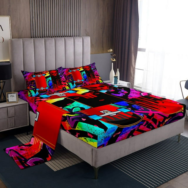 YST Draps de Planche à Roulettes pour Garçons Adolescents, Draps de Lit Boho Crâne Squelette Os Sports Extrêmes Ensemble de Draps Simple, Drap Plat Style Hip Hop Drap-Housse, Décoration de Chambre Graffiti Arc-en-Ciel, Confortable Durable