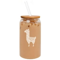 16oz Can Shaped Glass Iced Coffee Cup with Bamboo Lid and Straw Gift Cute Llama