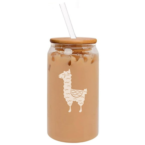 16oz Can Shaped Glass Iced Coffee Cup with Bamboo Lid and Straw Gift Cute Llama