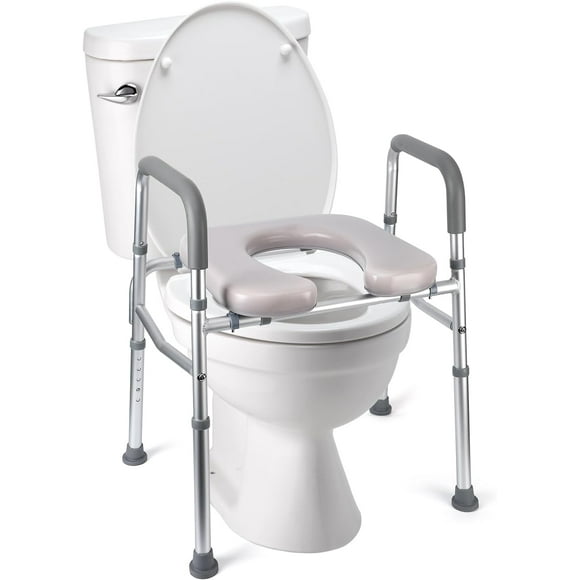 Raised Toilet Seat, 350LB Stand Alone Homecare Commode Bathroom Assist Frame for Elderly, Handicapped, Disabled, Adjustable Height, Padded Seat