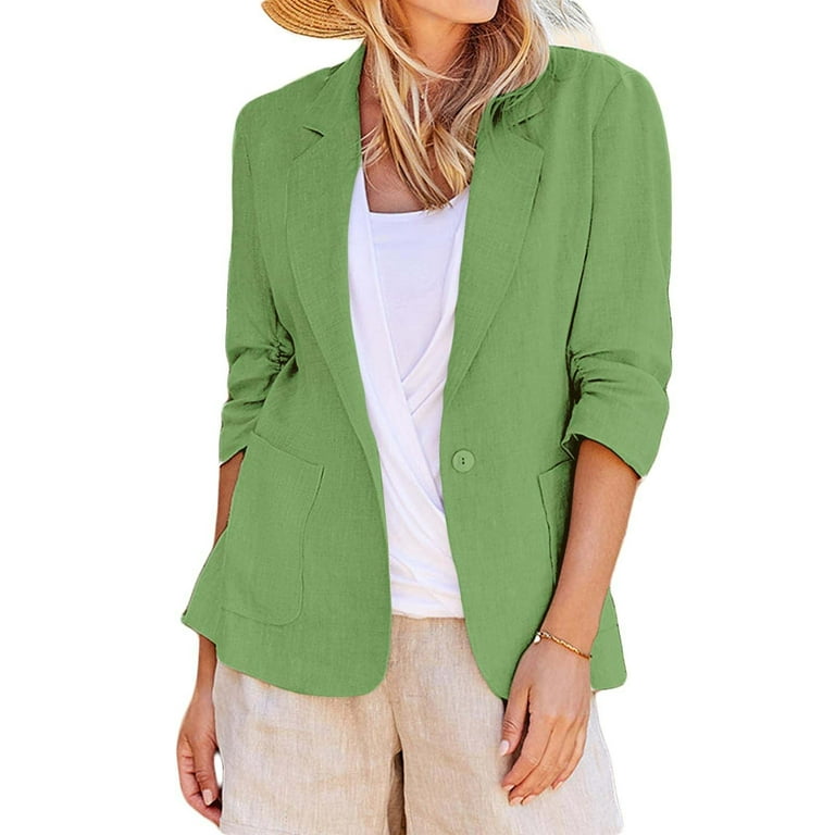 Hontri Women s Blazers Suit Jackets Linen Suit Jackets Women Casual 3 4 Stretchy Ruched Sleeve Lightweight Work Office Jacket with Pockets Green 3Xl