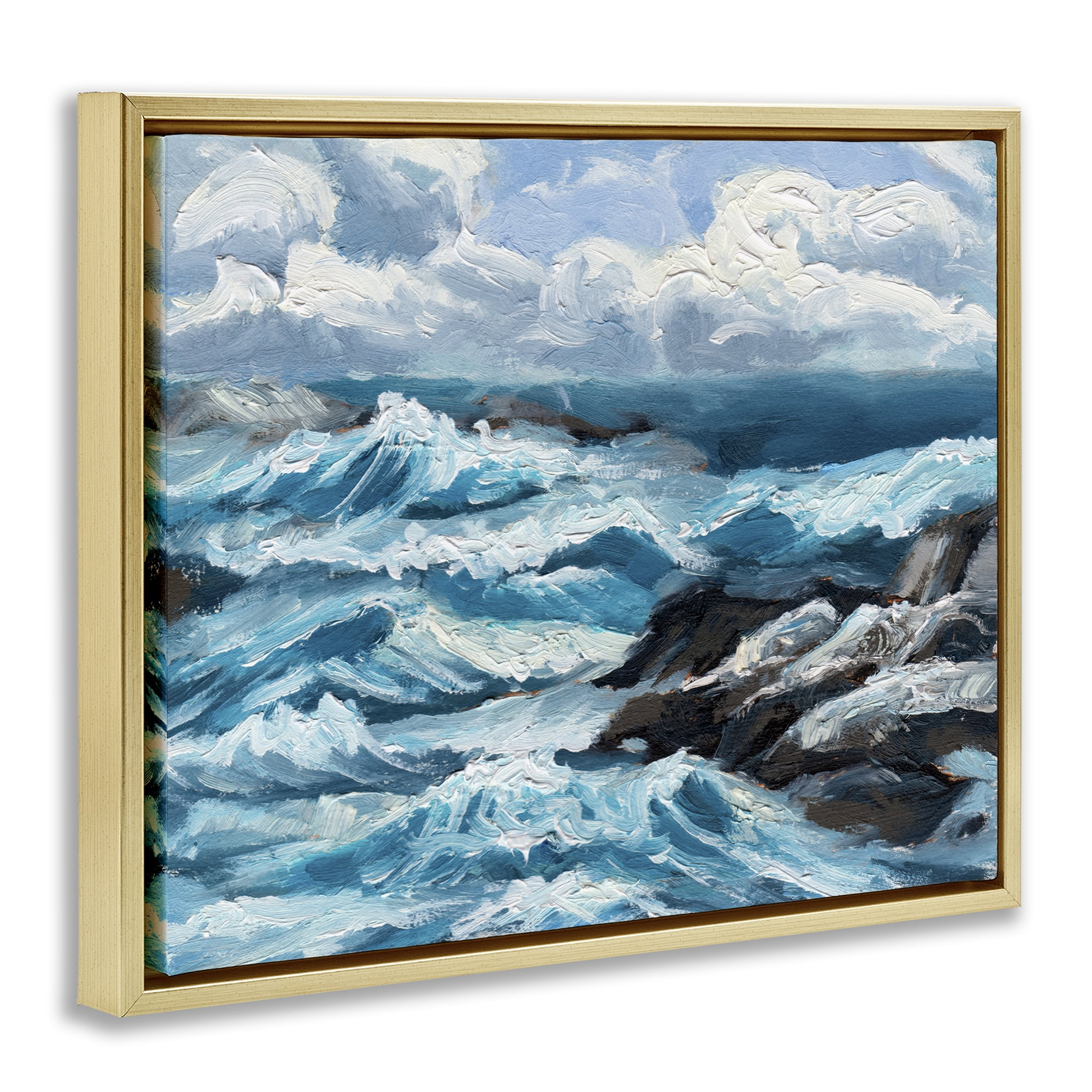 Stupell Industries Rough Sea Waves Splash Nautical & Beach Painting Gold Floater Framed Canvas Art Print Wall Art, 31 x 25