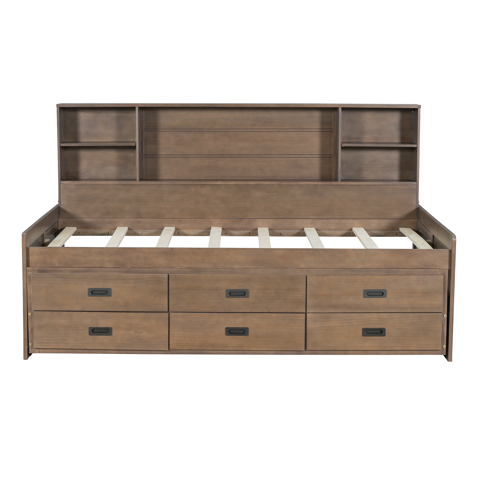 PORKISS Twin Size Daybed, Wooden Captain Daybed with Storage Bookcase Headboard, Modern Captain’s Bed with Trundle and Storage Drawers for Kids, Teens, No Box Spring Needed, Walnut