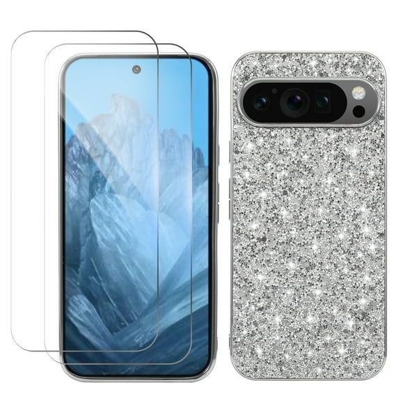 Allytechgroup Glitter Bling Case for Google Pixel 10 /10 Pro with 2 Pcs Screen Protector, Slim Fit Anti-Scratch Bumper Shockproof Stylish Fashion Phone Case for Women Girls, Silver