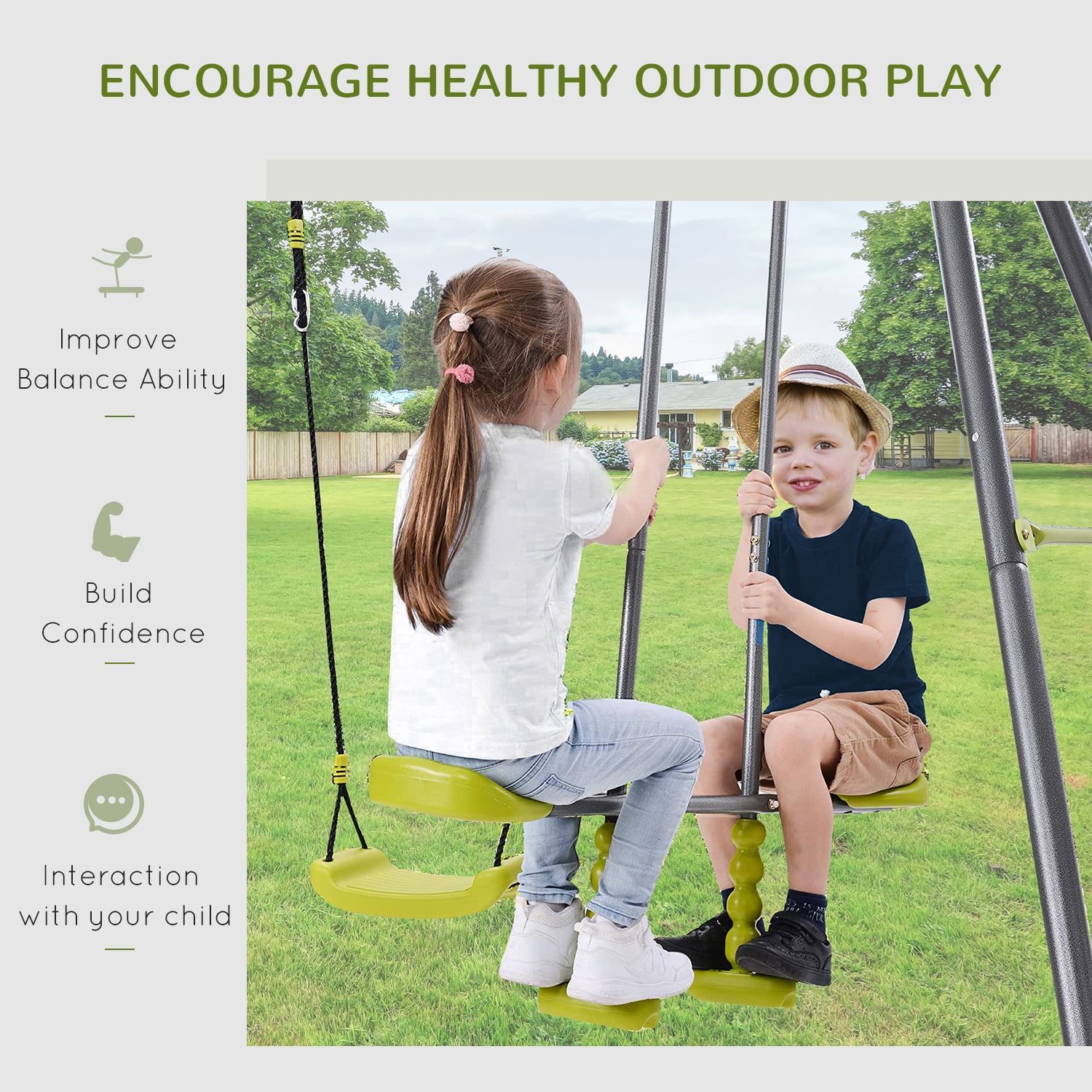 HOMCOM 3 in 1 Kids Swing Set Double Face to Face Swing Chair Glider Set Climbing Ladder A Frame Outdoor Heavy Duty Metal Swing Set for Backyard