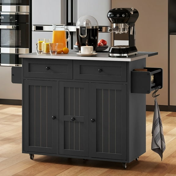 Craftian Kitchen Island Cart with Wheels & Stainless Steel Drop Leaf Tabletop, Black