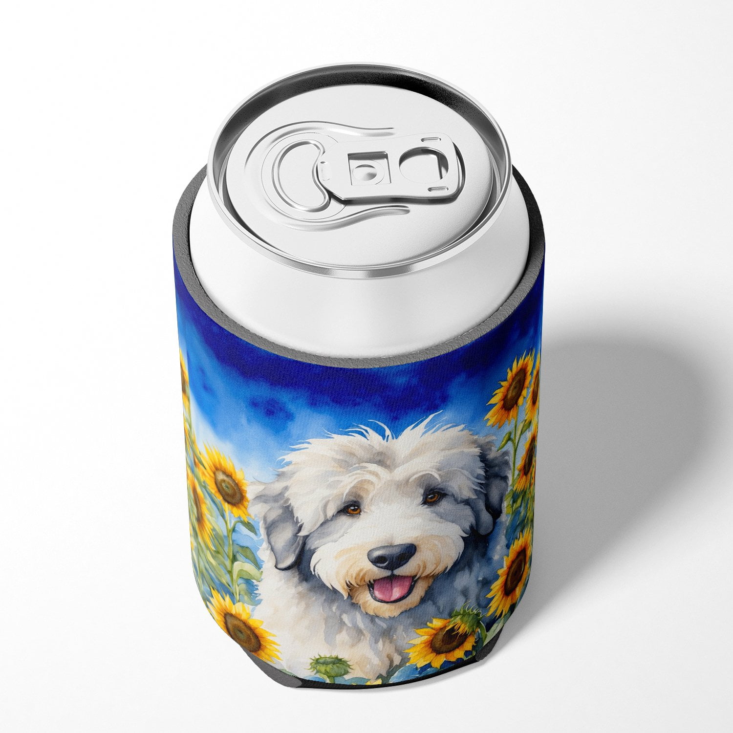 Old English Sheepdog in Sunflowers Can or Bottle Hugger 3 in x 5 in